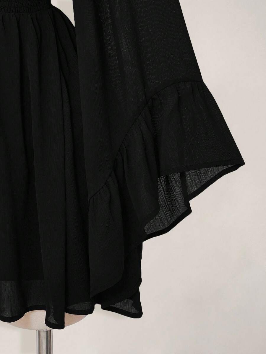 SHEIN ICON Women's Halloween Goth Black Corset Solid Color V-Neck Waist Cinched Elegant Long Sleeve Mini Dress,Fall/Winter  Bell Sleeve Dress Black Dress With Sleeves,Thanksgiving Outfit For Women