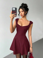 Aloruh Women's Solid Color Sweetheart Neck Cap Sleeve Fashionable Mini Dress,Party Dresses For Women
