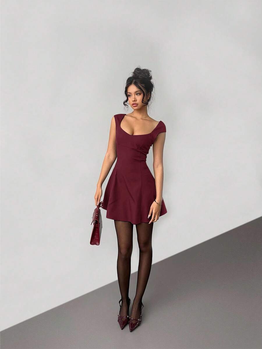 Aloruh Women's Solid Color Sweetheart Neck Cap Sleeve Fashionable Mini Dress,Party Dresses For Women