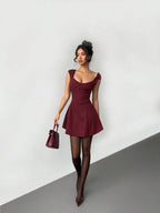 Aloruh Women's Solid Color Sweetheart Neck Cap Sleeve Fashionable Mini Dress,Party Dresses For Women