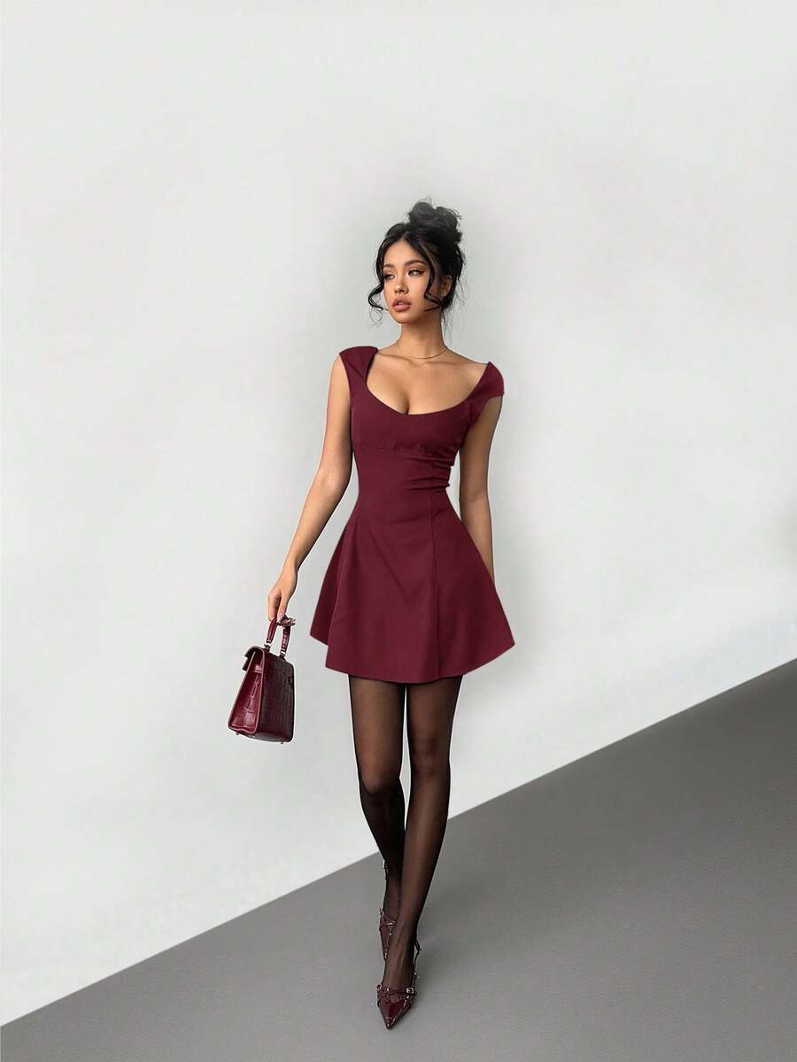 Aloruh Women's Solid Color Sweetheart Neck Cap Sleeve Fashionable Mini Dress,Party Dresses For Women