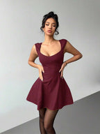 Aloruh Women's Solid Color Sweetheart Neck Cap Sleeve Fashionable Mini Dress,Party Dresses For Women