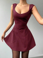 Aloruh Women's Solid Color Sweetheart Neck Cap Sleeve Fashionable Mini Dress,Party Dresses For Women