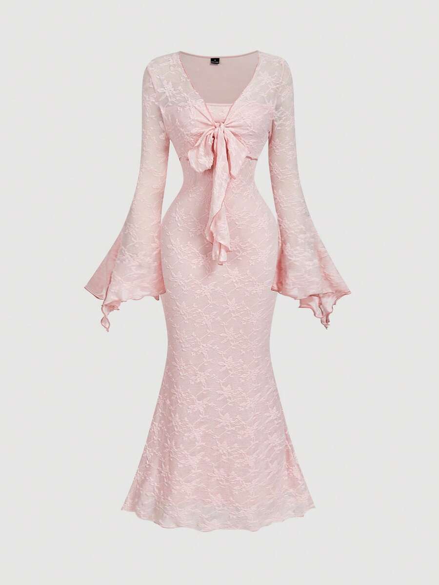 SHEIN MOD V-Neck Flare Sleeve Front Tie Waist Flocked Mermaid Hem Bodycon Dress, Light Pink,Wedding Guest Dress Women,Valentine Outfits