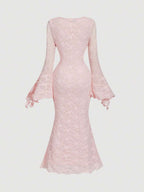 SHEIN MOD V-Neck Flare Sleeve Front Tie Waist Flocked Mermaid Hem Bodycon Dress, Light Pink,Wedding Guest Dress Women,Valentine Outfits