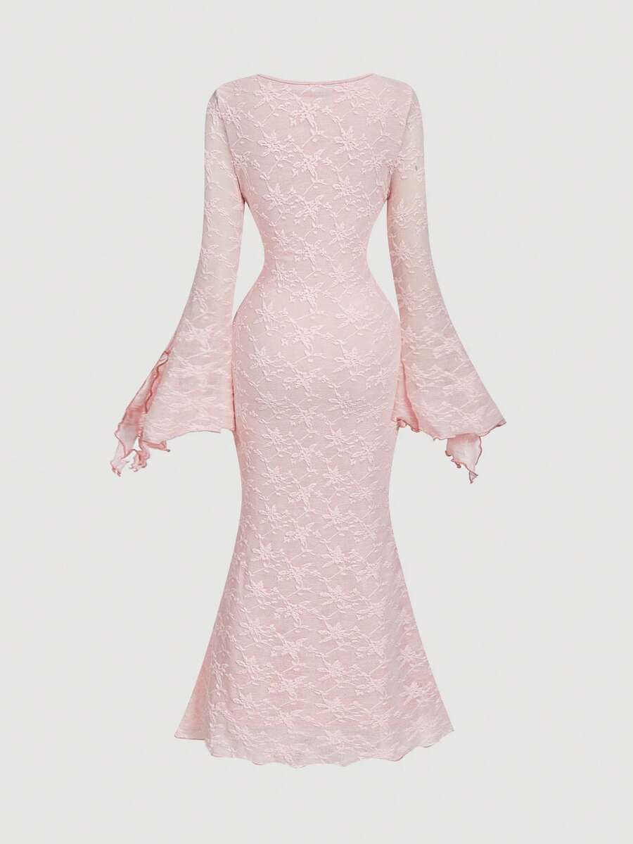 SHEIN MOD V-Neck Flare Sleeve Front Tie Waist Flocked Mermaid Hem Bodycon Dress, Light Pink,Wedding Guest Dress Women,Valentine Outfits