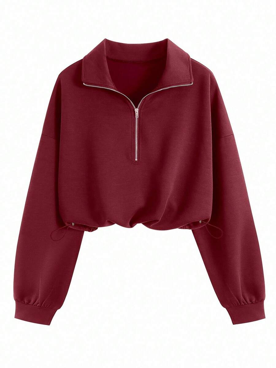 Airaco Women's Solid Color Drop Shoulder Long Sleeve Vintage American Style Half Zip Niche Sweatshirt Pullover Fall