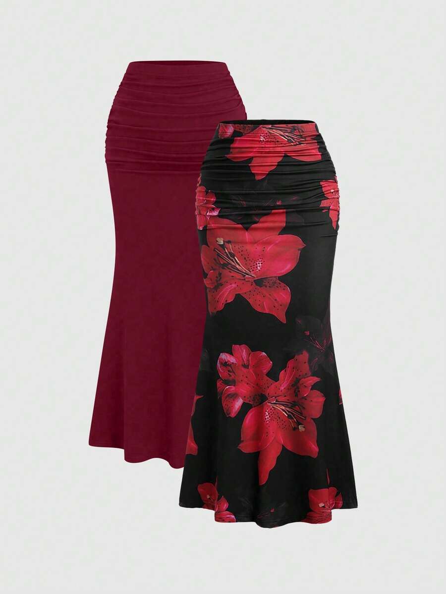 Sweetra 2pcs Women's Elegant Party Solid Color Mermaid Skirt And Floral Print Skirt Set Fall Cloth For Women
