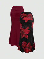 Sweetra 2pcs Women's Elegant Party Solid Color Mermaid Skirt And Floral Print Skirt Set Fall Cloth For Women