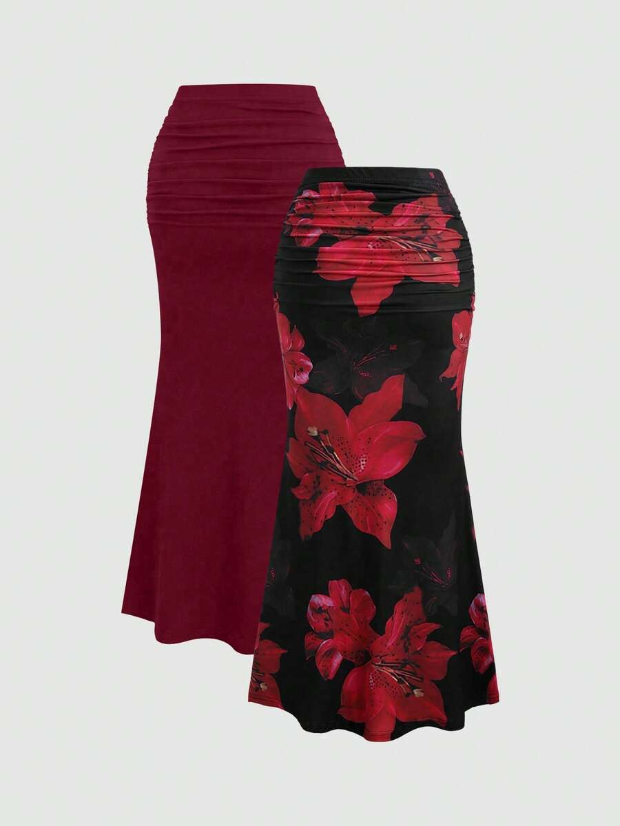 Sweetra 2pcs Women's Elegant Party Solid Color Mermaid Skirt And Floral Print Skirt Set Fall Cloth For Women