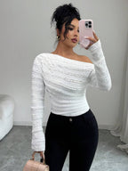 EMERY ROSE Women's Marble Ombre Print Asymmetric Neck Fitted Elegant Pleated Long Sleeve T-Shirt Graphic Tees Women Tops For Spring Outfit