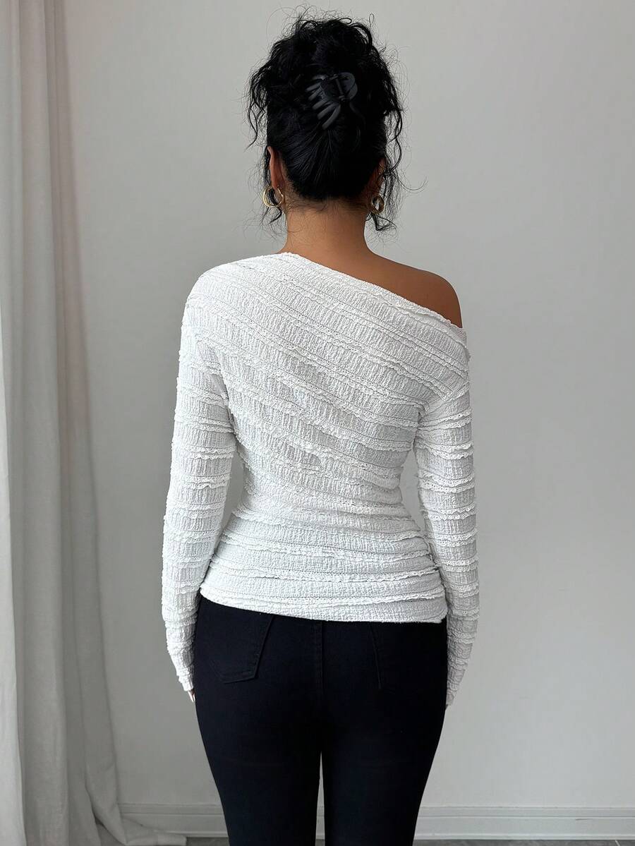 EMERY ROSE Women's Marble Ombre Print Asymmetric Neck Fitted Elegant Pleated Long Sleeve T-Shirt Graphic Tees Women Tops For Spring Outfit