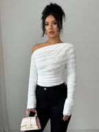 EMERY ROSE Women's Marble Ombre Print Asymmetric Neck Fitted Elegant Pleated Long Sleeve T-Shirt Graphic Tees Women Tops For Spring Outfit