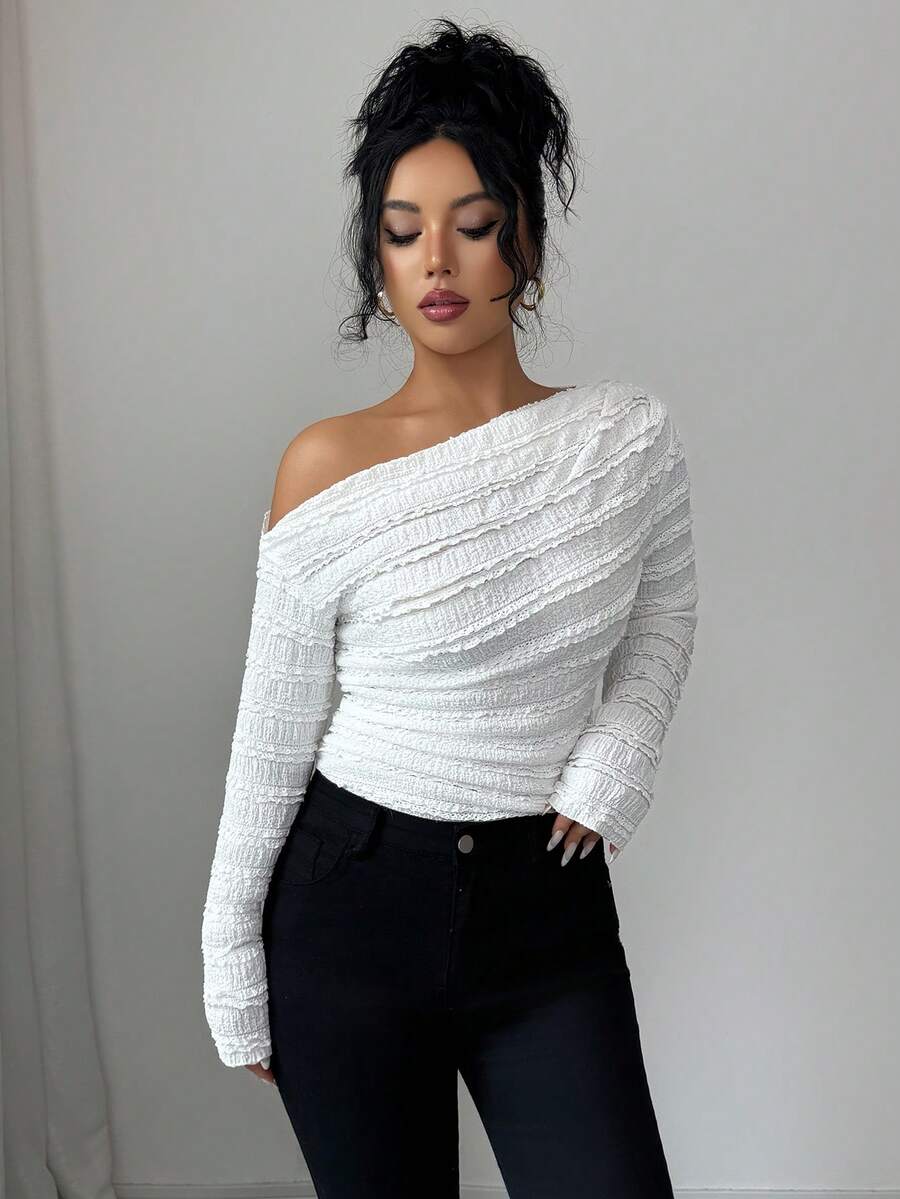 EMERY ROSE Women's Marble Ombre Print Asymmetric Neck Fitted Elegant Pleated Long Sleeve T-Shirt Graphic Tees Women Tops For Spring Outfit