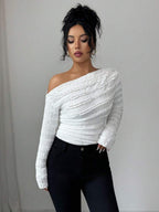EMERY ROSE Women's Marble Ombre Print Asymmetric Neck Fitted Elegant Pleated Long Sleeve T-Shirt Graphic Tees Women Tops For Spring Outfit