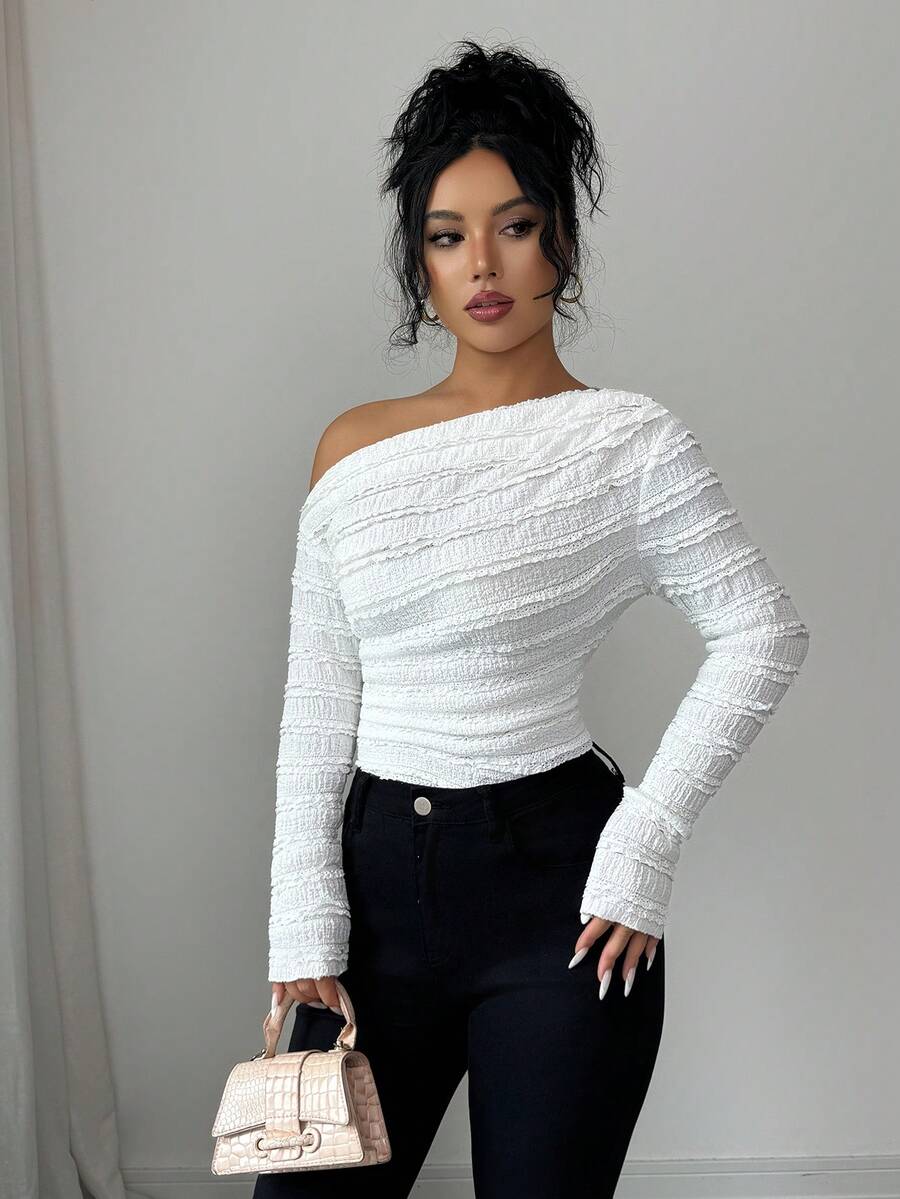 EMERY ROSE Women's Marble Ombre Print Asymmetric Neck Fitted Elegant Pleated Long Sleeve T-Shirt Graphic Tees Women Tops For Spring Outfit