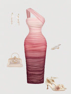 SHEIN MOD Women's Ombre Ruched Bodycon Mid-Length One Shoulder Mesh Dress,Fall / Winter, Autumn Clothes For Women,Thanksgiving,Dress, Party,Wedding,Wedding Guest Party Dress ,Elegant Dresses For Ladies,Pink,Frenchy Vacay Dress,Terrace Chill,Glamour Dress,Tea Chat Elegance Dress,Chic Autumn,Fall New Style Women, One Shoulder Dresses, Sunset Color Outfit,Women's Sexy Gradient One Shoulder Mesh Midi Bodycon Dress
