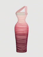 SHEIN MOD Women's Ombre Ruched Bodycon Mid-Length One Shoulder Mesh Dress,Fall / Winter, Autumn Clothes For Women,Thanksgiving,Dress, Party,Wedding,Wedding Guest Party Dress ,Elegant Dresses For Ladies,Pink,Frenchy Vacay Dress,Terrace Chill,Glamour Dress,Tea Chat Elegance Dress,Chic Autumn,Fall New Style Women, One Shoulder Dresses, Sunset Color Outfit,Women's Sexy Gradient One Shoulder Mesh Midi Bodycon Dress