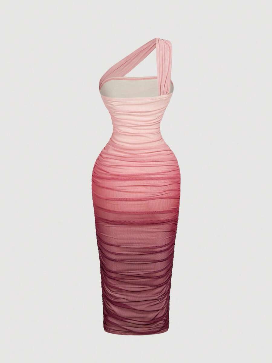 SHEIN MOD Women's Ombre Ruched Bodycon Mid-Length One Shoulder Mesh Dress,Fall / Winter, Autumn Clothes For Women,Thanksgiving,Dress, Party,Wedding,Wedding Guest Party Dress ,Elegant Dresses For Ladies,Pink,Frenchy Vacay Dress,Terrace Chill,Glamour Dress,Tea Chat Elegance Dress,Chic Autumn,Fall New Style Women, One Shoulder Dresses, Sunset Color Outfit,Women's Sexy Gradient One Shoulder Mesh Midi Bodycon Dress