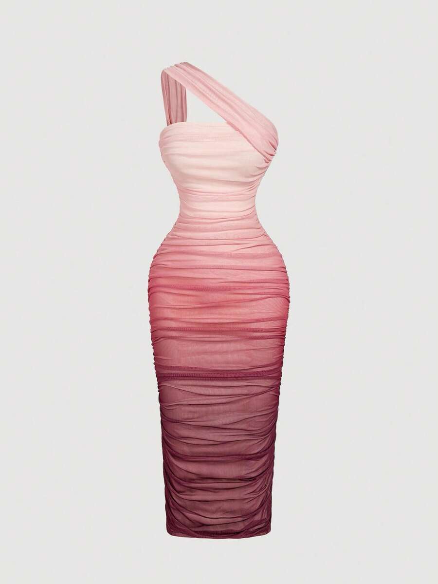 SHEIN MOD Women's Ombre Ruched Bodycon Mid-Length One Shoulder Mesh Dress,Fall / Winter, Autumn Clothes For Women,Thanksgiving,Dress, Party,Wedding,Wedding Guest Party Dress ,Elegant Dresses For Ladies,Pink,Frenchy Vacay Dress,Terrace Chill,Glamour Dress,Tea Chat Elegance Dress,Chic Autumn,Fall New Style Women, One Shoulder Dresses, Sunset Color Outfit,Women's Sexy Gradient One Shoulder Mesh Midi Bodycon Dress