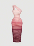 SHEIN MOD Women's Ombre Ruched Bodycon Mid-Length One Shoulder Mesh Dress,Fall / Winter, Autumn Clothes For Women,Thanksgiving,Dress, Party,Wedding,Wedding Guest Party Dress ,Elegant Dresses For Ladies,Pink,Frenchy Vacay Dress,Terrace Chill,Glamour Dress,Tea Chat Elegance Dress,Chic Autumn,Fall New Style Women, One Shoulder Dresses, Sunset Color Outfit,Women's Sexy Gradient One Shoulder Mesh Midi Bodycon Dress