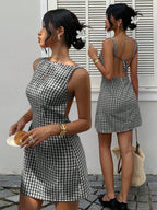Easelle Women's Solid Color Backless Lace-Up Sleeveless Mini Summer Dress