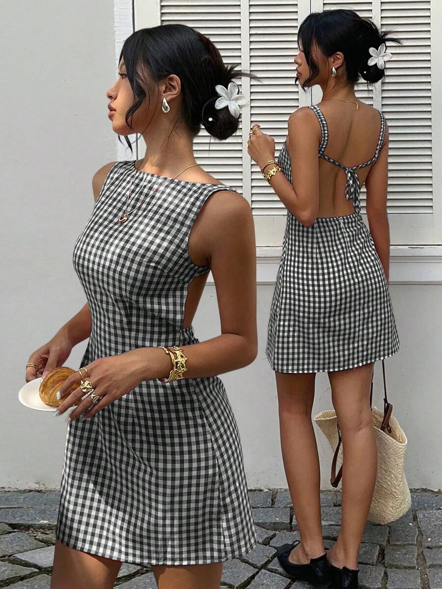 Easelle Women's Solid Color Backless Lace-Up Sleeveless Mini Summer Dress