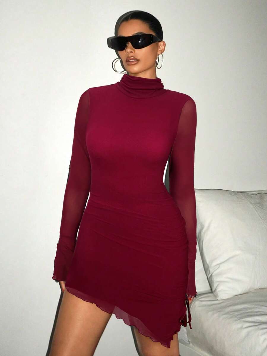 SHEIN ICON Women's Spring Summer Stand Collar Fitted Solid Color Long Sleeve Mesh Dress