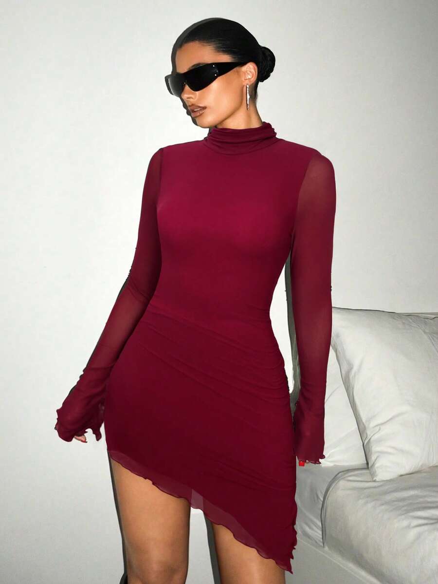SHEIN ICON Women's Spring Summer Stand Collar Fitted Solid Color Long Sleeve Mesh Dress