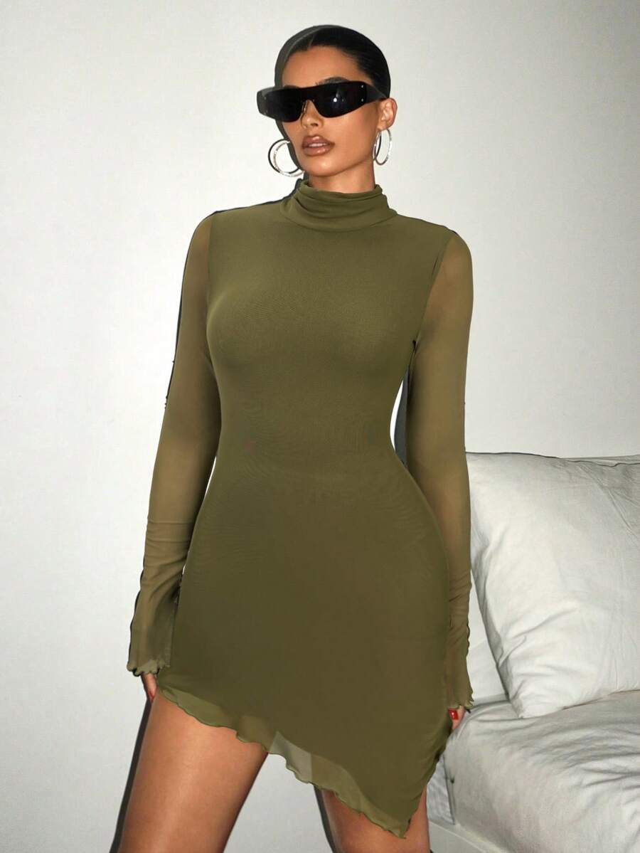 SHEIN ICON Women's Spring Summer Stand Collar Fitted Solid Color Long Sleeve Mesh Dress