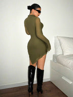 SHEIN ICON Women's Spring Summer Stand Collar Fitted Solid Color Long Sleeve Mesh Dress
