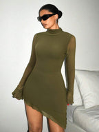 SHEIN ICON Women's Spring Summer Stand Collar Fitted Solid Color Long Sleeve Mesh Dress