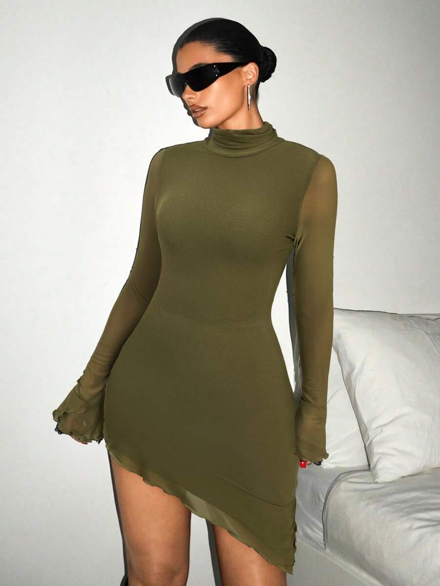 SHEIN ICON Women's Spring Summer Stand Collar Fitted Solid Color Long Sleeve Mesh Dress