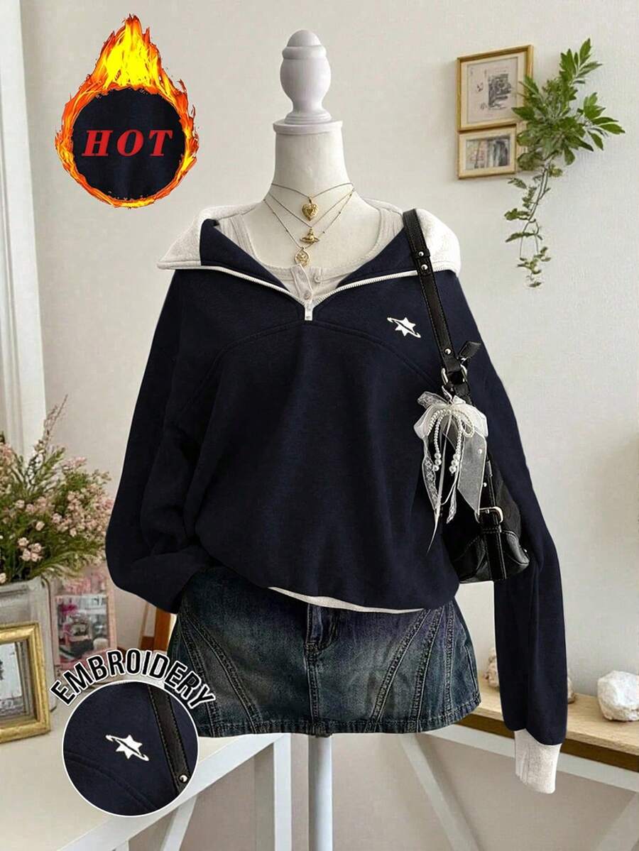 Lalippa Casual Versatile Embroidered Detail Half-Zip Collar Sweatshirt, Christmas