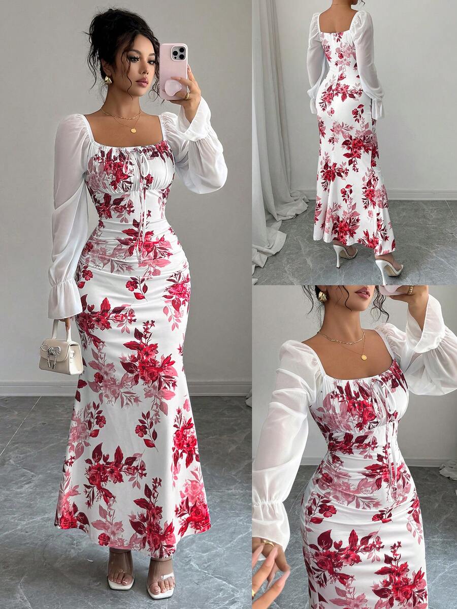 Elenzga New Women's Square Neck Tie Bow Chiffon Puff Sleeve Design Dress, Versatile For Dates, Gatherings, Daily Wear, Waist Cinching, Flattering, Elegant, Youthful, Long Dress For Spring, Summer, Autumn