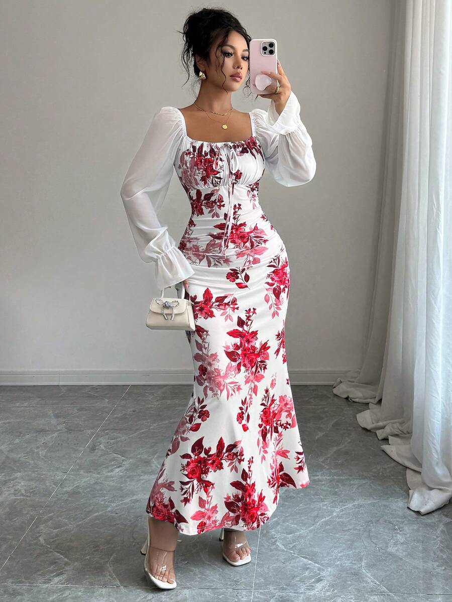 Elenzga New Women's Square Neck Tie Bow Chiffon Puff Sleeve Design Dress, Versatile For Dates, Gatherings, Daily Wear, Waist Cinching, Flattering, Elegant, Youthful, Long Dress For Spring, Summer, Autumn