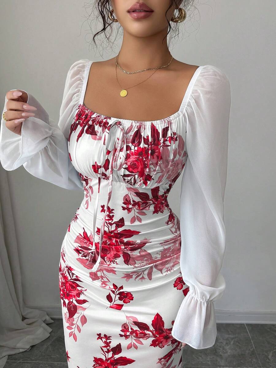 Elenzga New Women's Square Neck Tie Bow Chiffon Puff Sleeve Design Dress, Versatile For Dates, Gatherings, Daily Wear, Waist Cinching, Flattering, Elegant, Youthful, Long Dress For Spring, Summer, Autumn