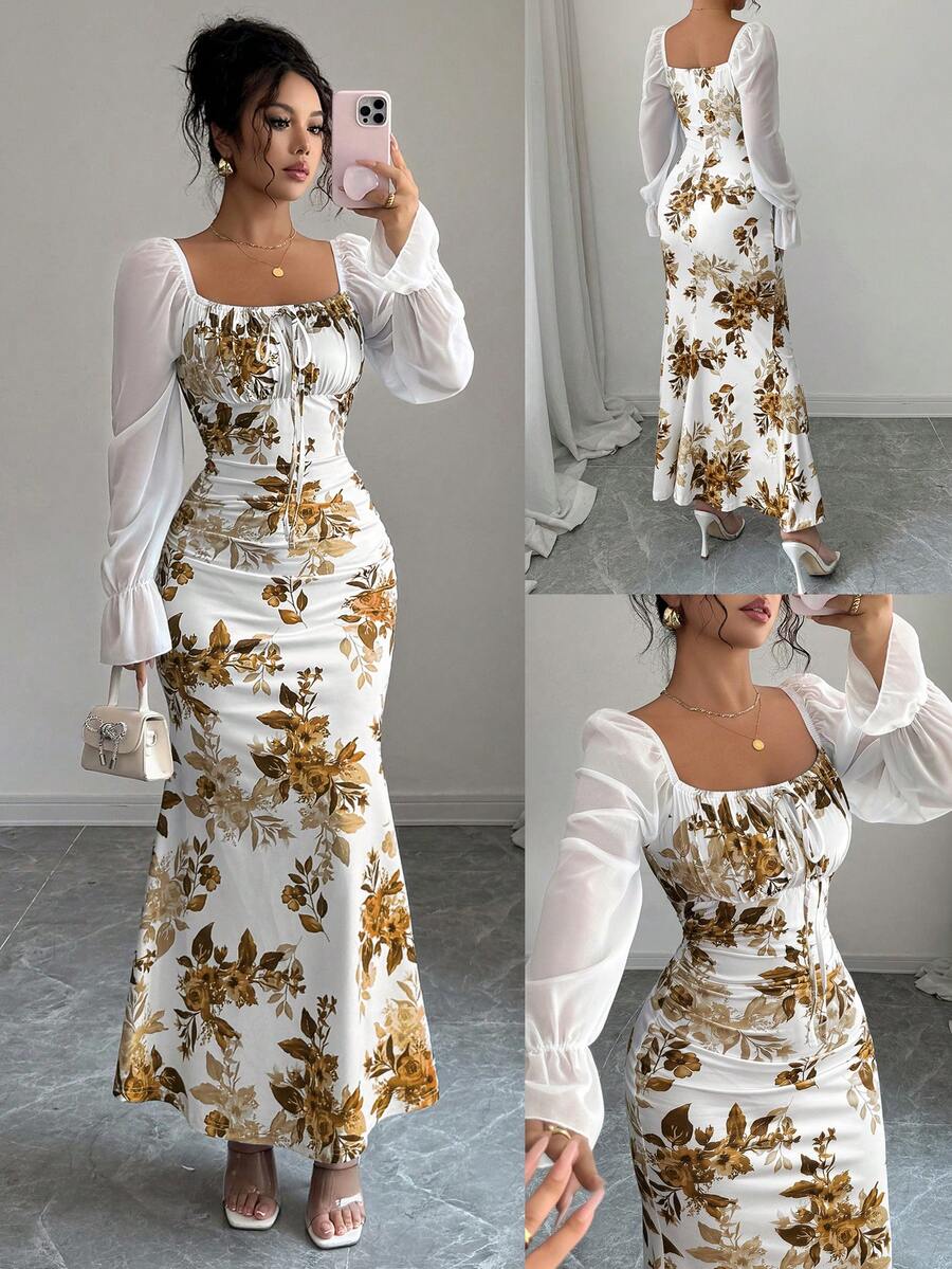 Elenzga New Women's Square Neck Tie Bow Chiffon Puff Sleeve Design Dress, Versatile For Dates, Gatherings, Daily Wear, Waist Cinching, Flattering, Elegant, Youthful, Long Dress For Spring, Summer, Autumn
