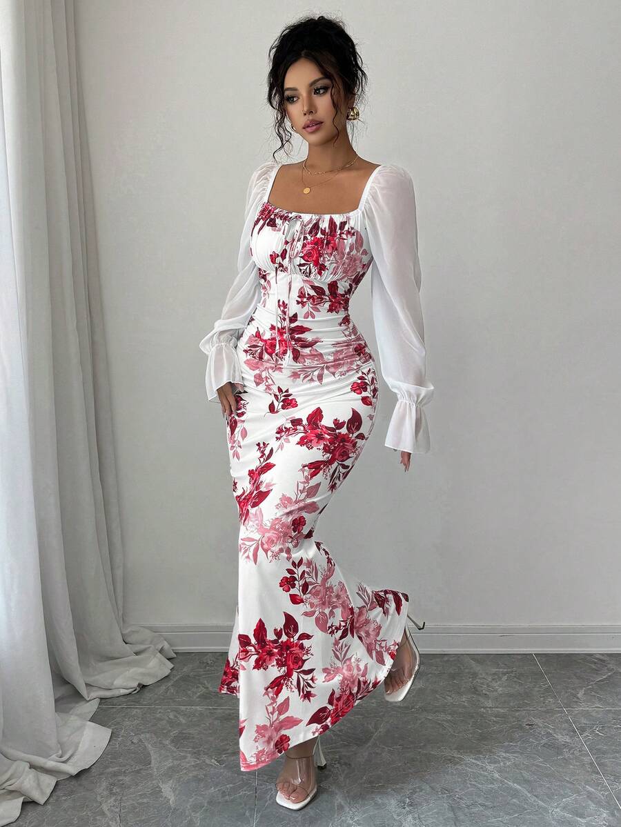 Elenzga New Women's Square Neck Tie Bow Chiffon Puff Sleeve Design Dress, Versatile For Dates, Gatherings, Daily Wear, Waist Cinching, Flattering, Elegant, Youthful, Long Dress For Spring, Summer, Autumn