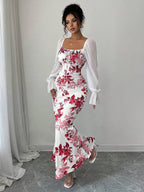 Elenzga New Women's Square Neck Tie Bow Chiffon Puff Sleeve Design Dress, Versatile For Dates, Gatherings, Daily Wear, Waist Cinching, Flattering, Elegant, Youthful, Long Dress For Spring, Summer, Autumn
