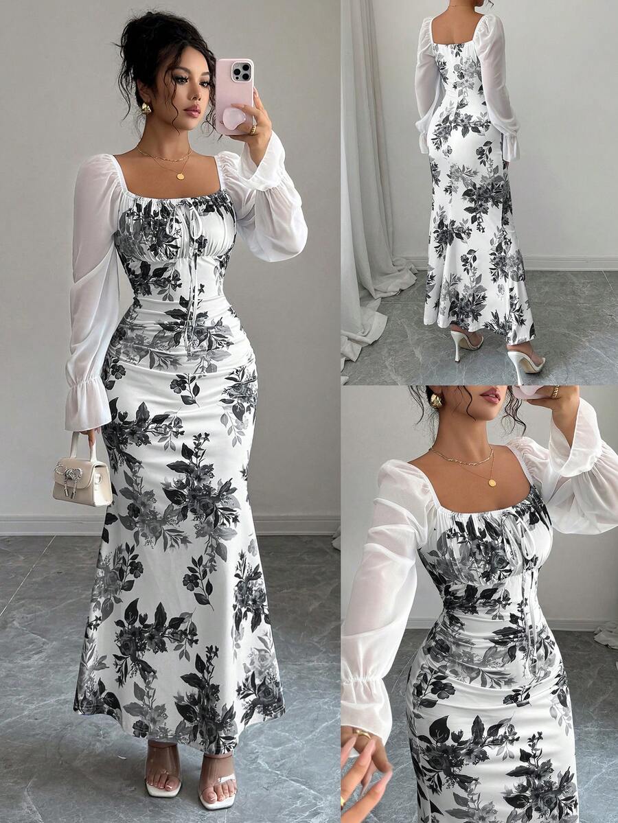 Elenzga New Women's Square Neck Tie Bow Chiffon Puff Sleeve Design Dress, Versatile For Dates, Gatherings, Daily Wear, Waist Cinching, Flattering, Elegant, Youthful, Long Dress For Spring, Summer, Autumn