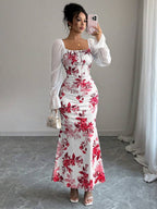 Elenzga New Women's Square Neck Tie Bow Chiffon Puff Sleeve Design Dress, Versatile For Dates, Gatherings, Daily Wear, Waist Cinching, Flattering, Elegant, Youthful, Long Dress For Spring, Summer, Autumn