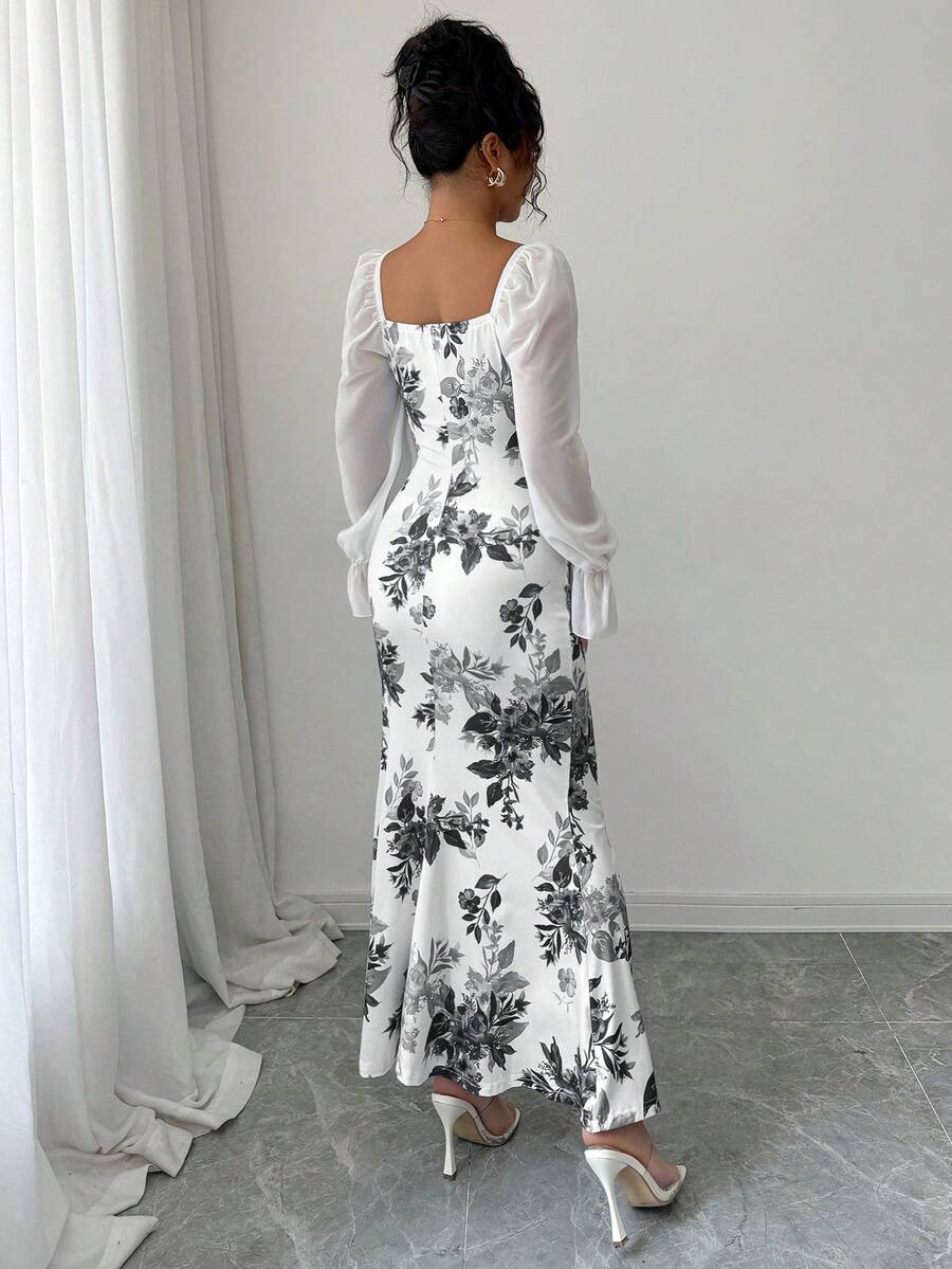 Elenzga New Women's Square Neck Tie Bow Chiffon Puff Sleeve Design Dress, Versatile For Dates, Gatherings, Daily Wear, Waist Cinching, Flattering, Elegant, Youthful, Long Dress For Spring, Summer, Autumn