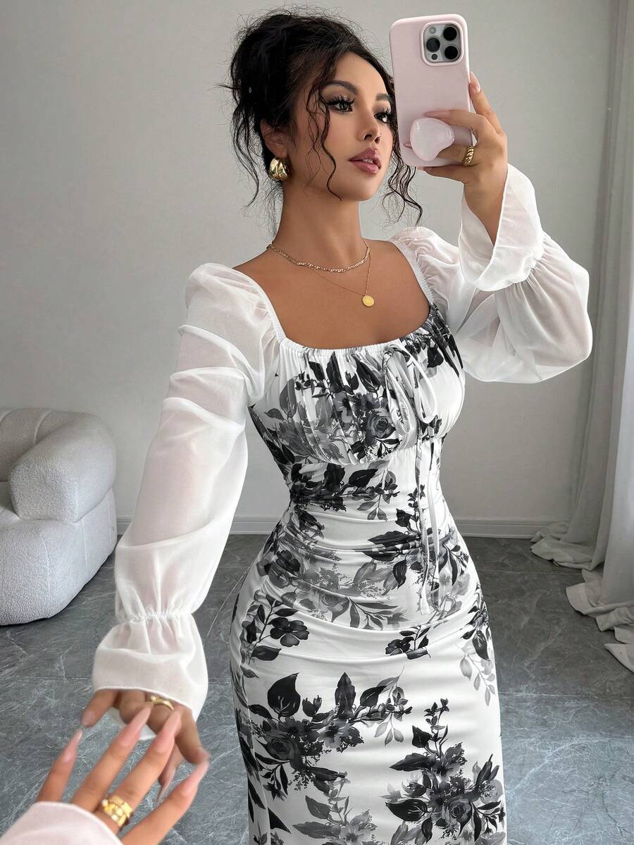 Elenzga New Women's Square Neck Tie Bow Chiffon Puff Sleeve Design Dress, Versatile For Dates, Gatherings, Daily Wear, Waist Cinching, Flattering, Elegant, Youthful, Long Dress For Spring, Summer, Autumn