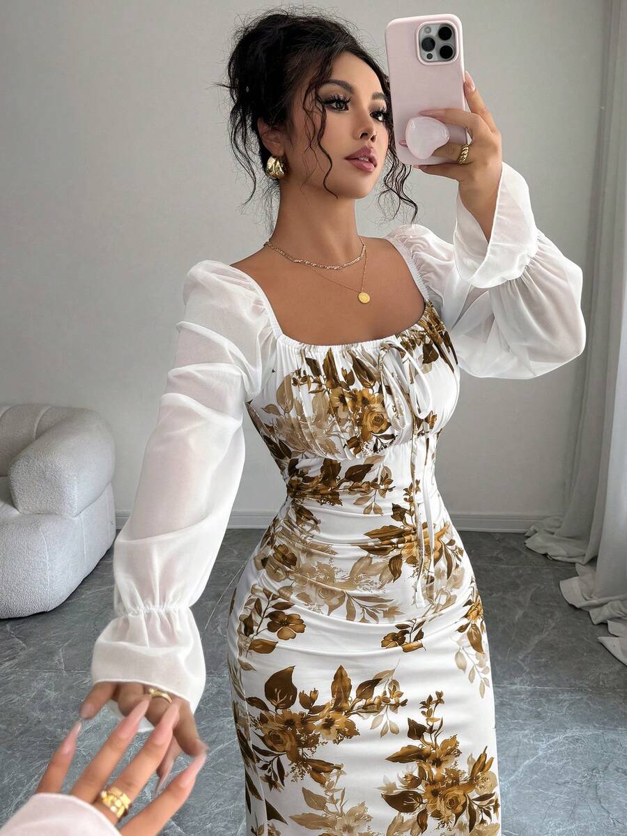 Elenzga New Women's Square Neck Tie Bow Chiffon Puff Sleeve Design Dress, Versatile For Dates, Gatherings, Daily Wear, Waist Cinching, Flattering, Elegant, Youthful, Long Dress For Spring, Summer, Autumn