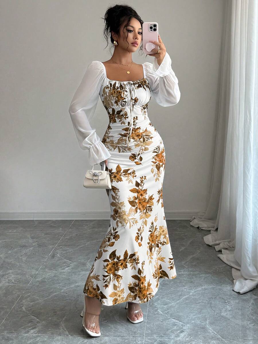 Elenzga New Women's Square Neck Tie Bow Chiffon Puff Sleeve Design Dress, Versatile For Dates, Gatherings, Daily Wear, Waist Cinching, Flattering, Elegant, Youthful, Long Dress For Spring, Summer, Autumn