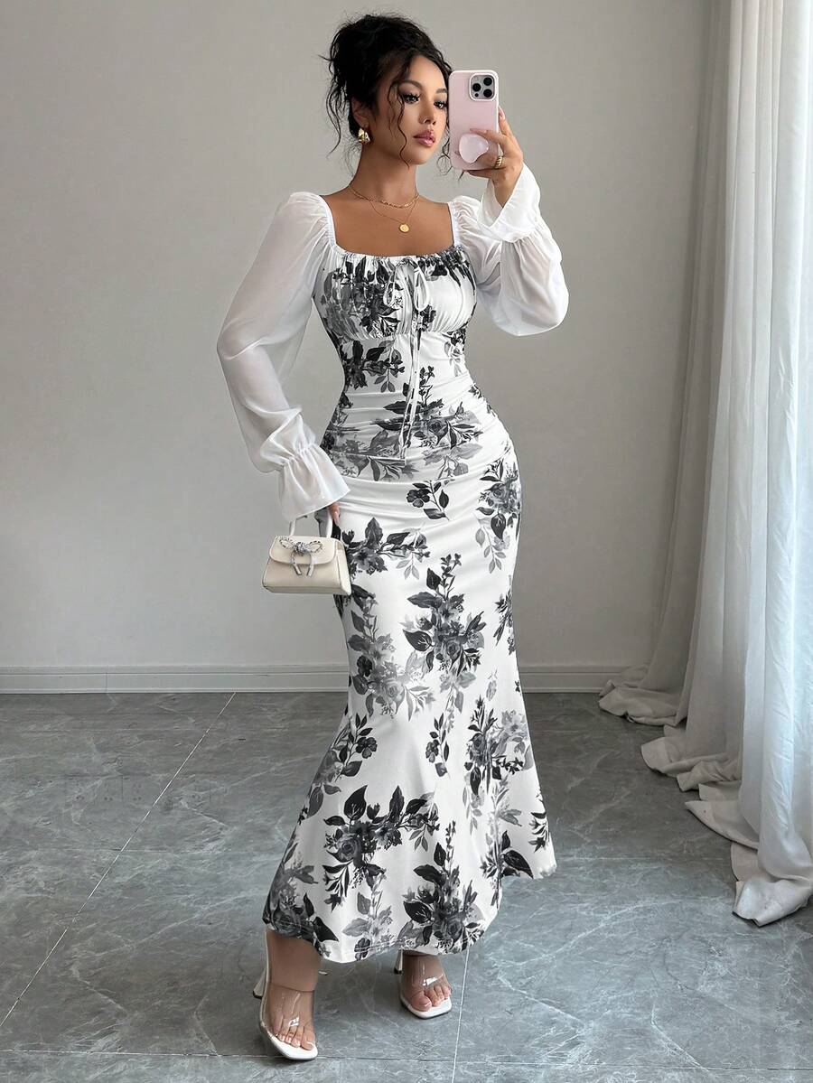 Elenzga New Women's Square Neck Tie Bow Chiffon Puff Sleeve Design Dress, Versatile For Dates, Gatherings, Daily Wear, Waist Cinching, Flattering, Elegant, Youthful, Long Dress For Spring, Summer, Autumn