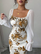Elenzga New Women's Square Neck Tie Bow Chiffon Puff Sleeve Design Dress, Versatile For Dates, Gatherings, Daily Wear, Waist Cinching, Flattering, Elegant, Youthful, Long Dress For Spring, Summer, Autumn