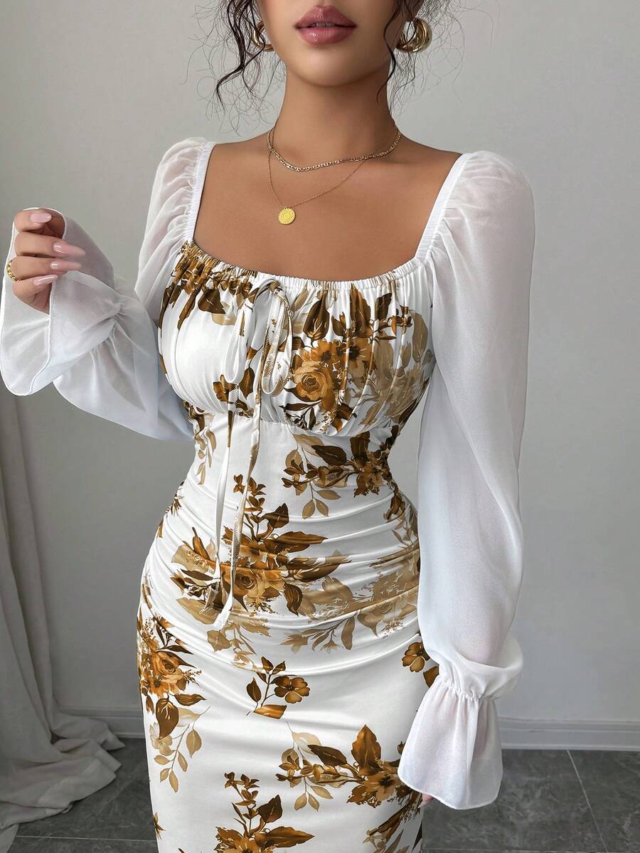 Elenzga New Women's Square Neck Tie Bow Chiffon Puff Sleeve Design Dress, Versatile For Dates, Gatherings, Daily Wear, Waist Cinching, Flattering, Elegant, Youthful, Long Dress For Spring, Summer, Autumn
