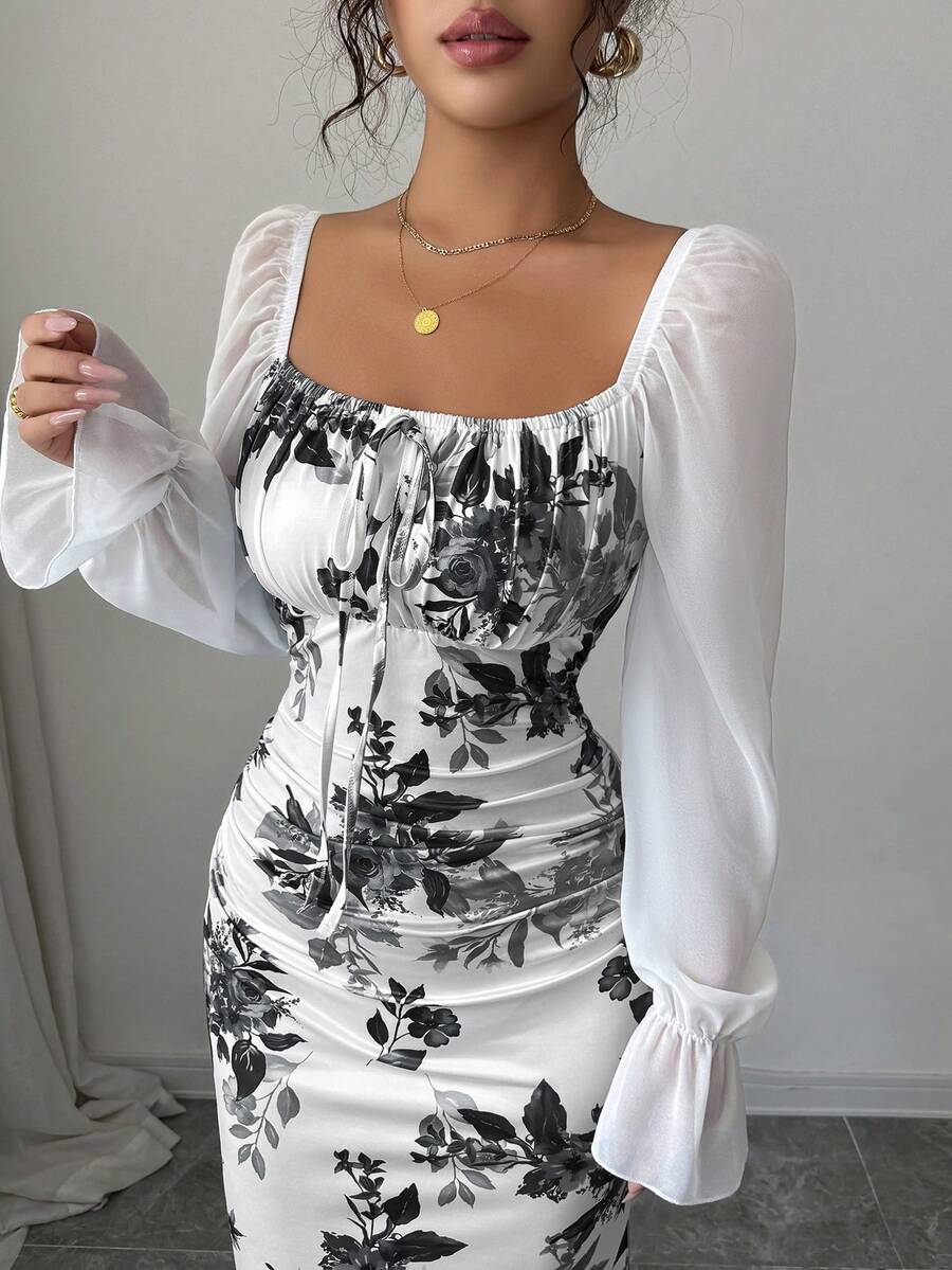 Elenzga New Women's Square Neck Tie Bow Chiffon Puff Sleeve Design Dress, Versatile For Dates, Gatherings, Daily Wear, Waist Cinching, Flattering, Elegant, Youthful, Long Dress For Spring, Summer, Autumn